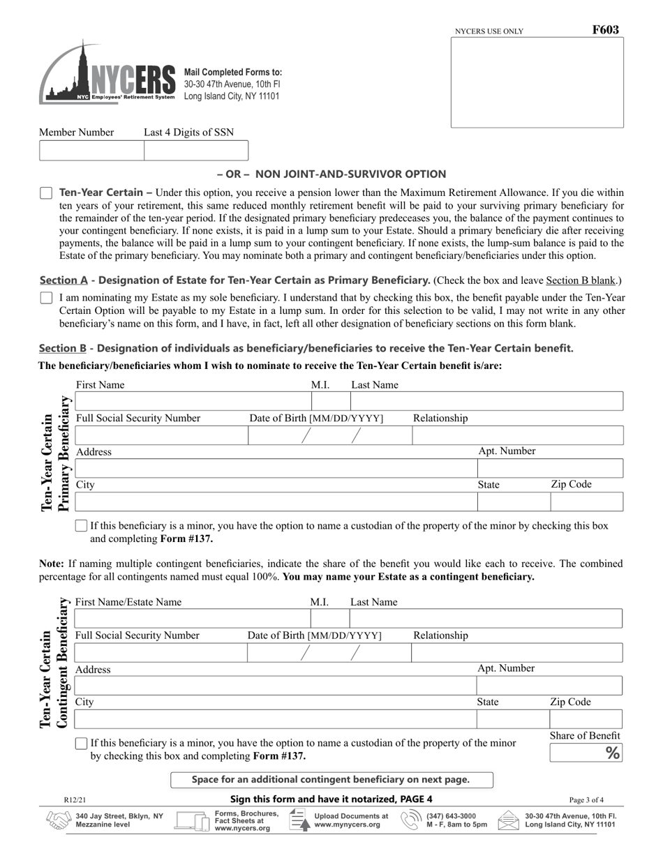 Form F603 Application for Disability Retirement - Tier 3 Uniformed Correction Force Only - New York City, Page 3