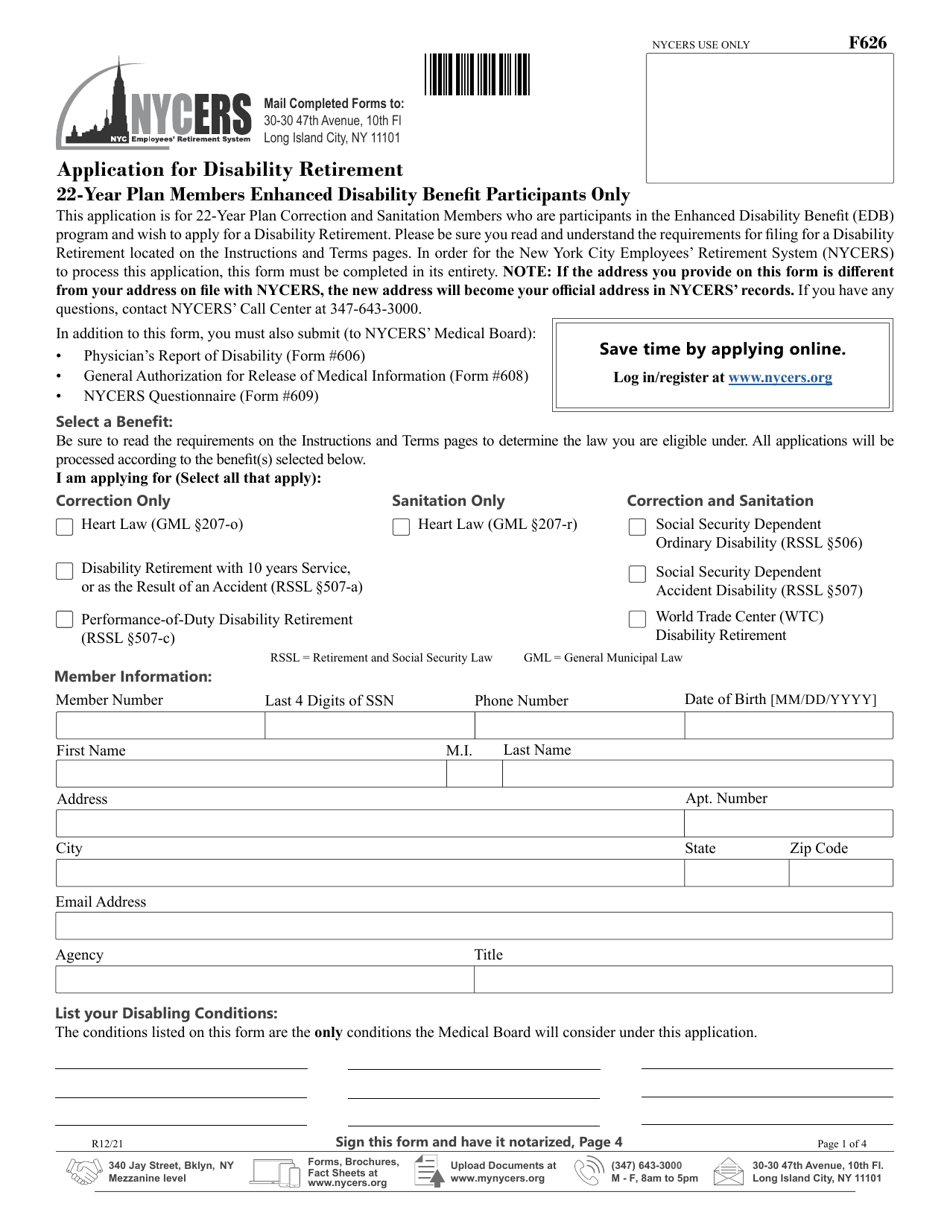 Form F626 Application for Disability Retirement - 22-year Plan Members Enhanced Disability Benefit Participants Only - New York City, Page 1
