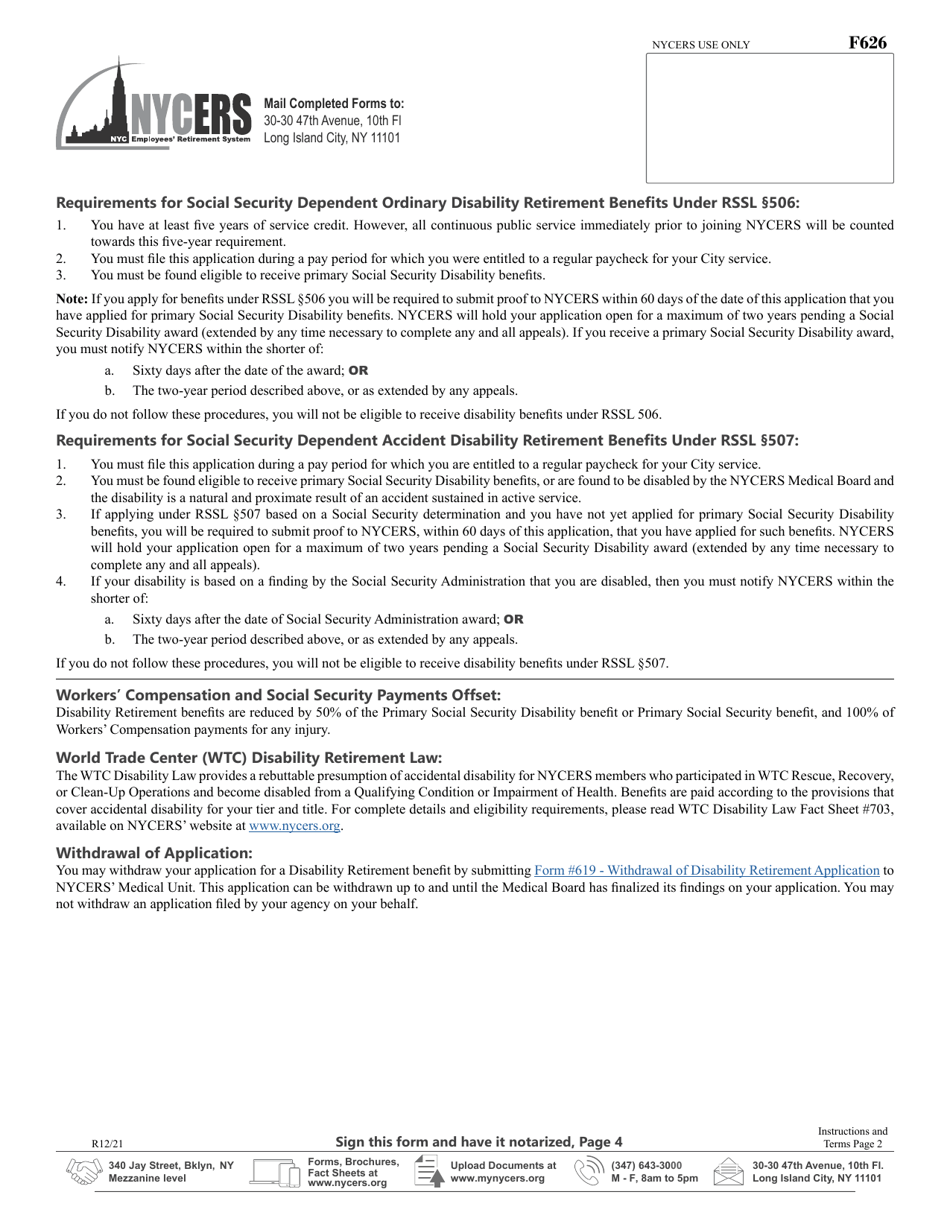 Form F626 Application for Disability Retirement - 22-year Plan Members Enhanced Disability Benefit Participants Only - New York City, Page 6
