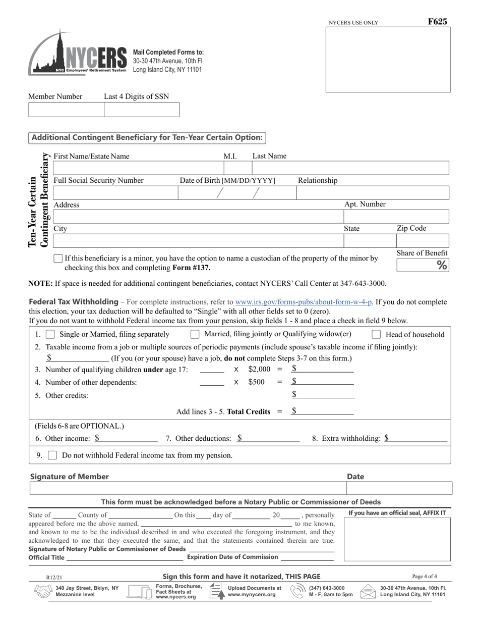 Form F625 Application for Disability Retirement - 22-year Plan Members - New York City, Page 4