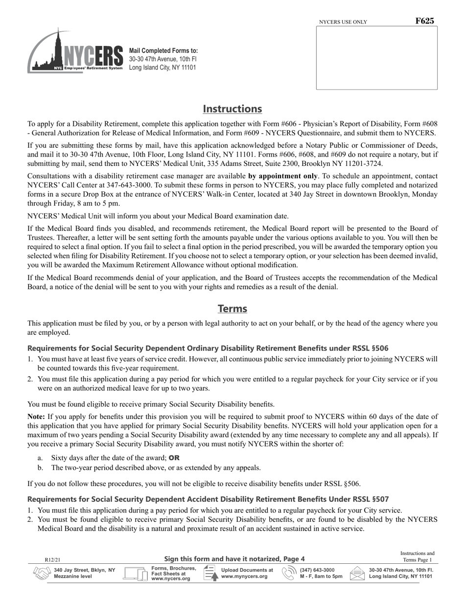 Form F625 Application for Disability Retirement - 22-year Plan Members - New York City, Page 5