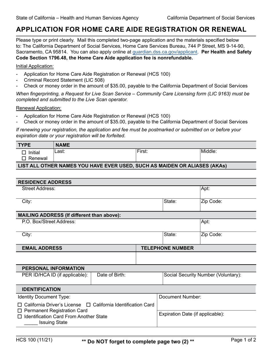 Form HCS100 Application for Home Care Aide Registration or Renewal - California, Page 1