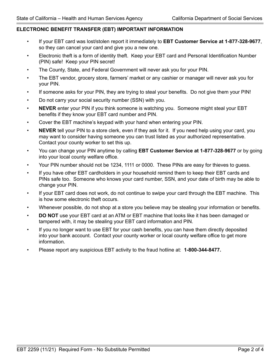 Form EBT2259 Report of Electronic Theft of Benefits - California, Page 2