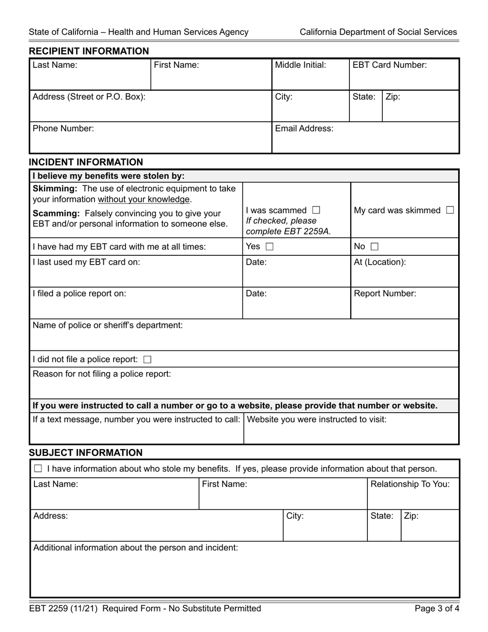 Form EBT2259 Report of Electronic Theft of Benefits - California, Page 3