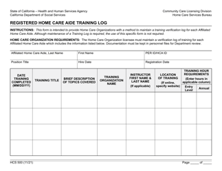 Document preview: Form HCS500 Registered Home Care Aide Training Log - California