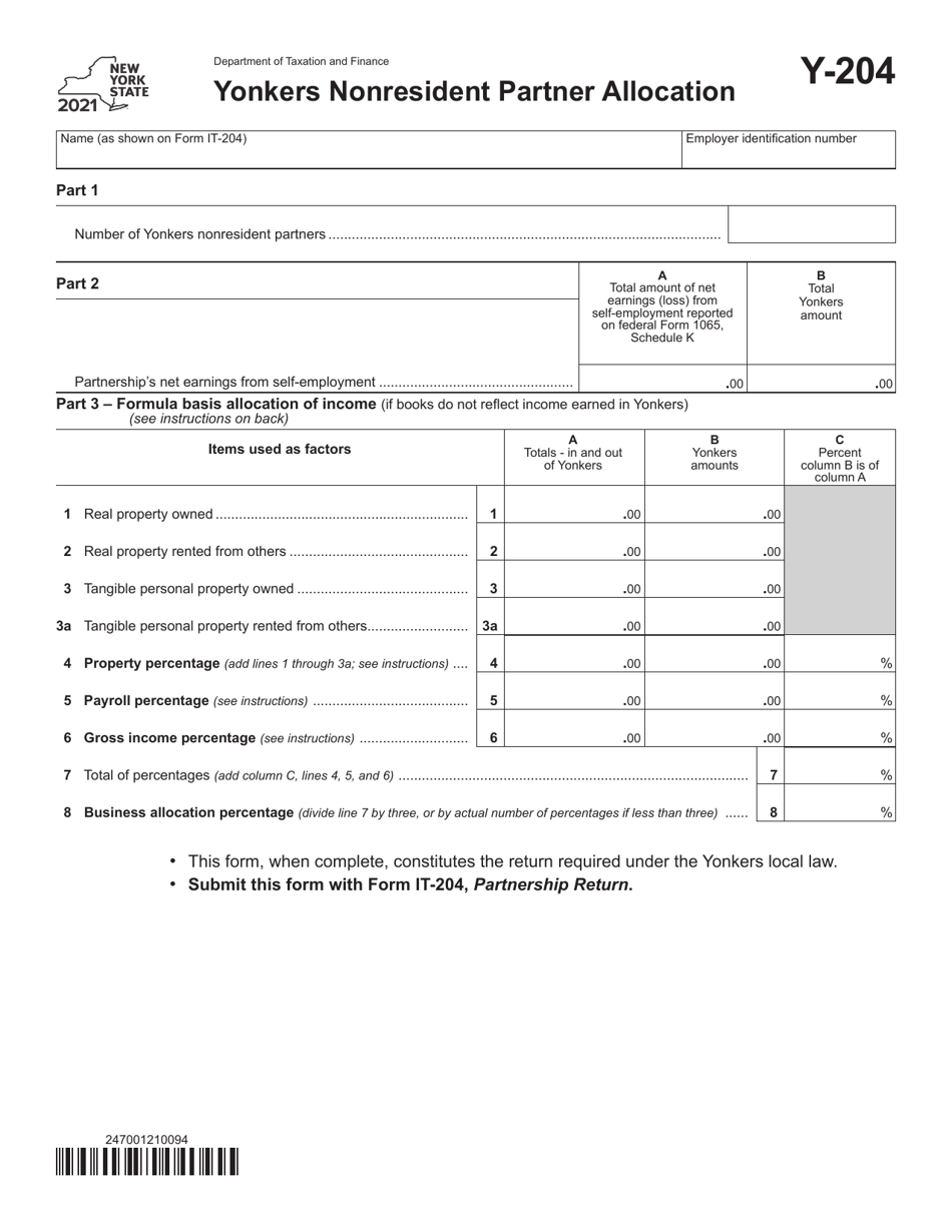 Form Y-204 Yonkers Nonresident Partner Allocation - New York, Page 1