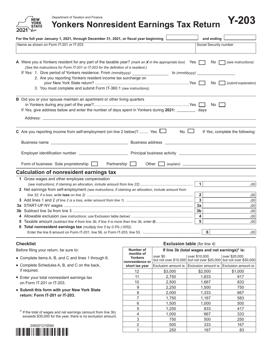 Form Y-203 Yonkers Nonresident Earnings Tax Return - New York, Page 1
