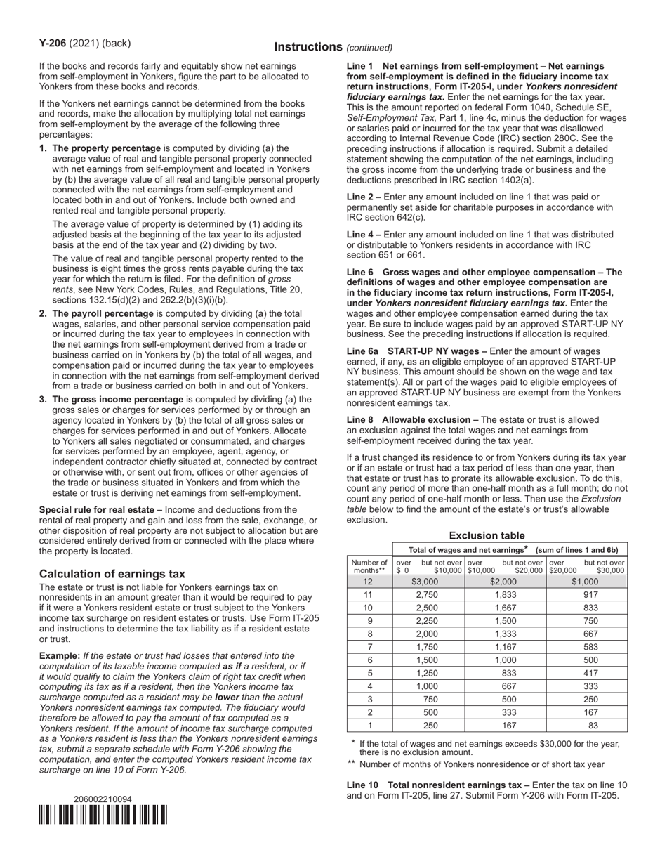 Form Y-206 Yonkers Nonresident Fiduciary Earnings Tax Return - New York, Page 2