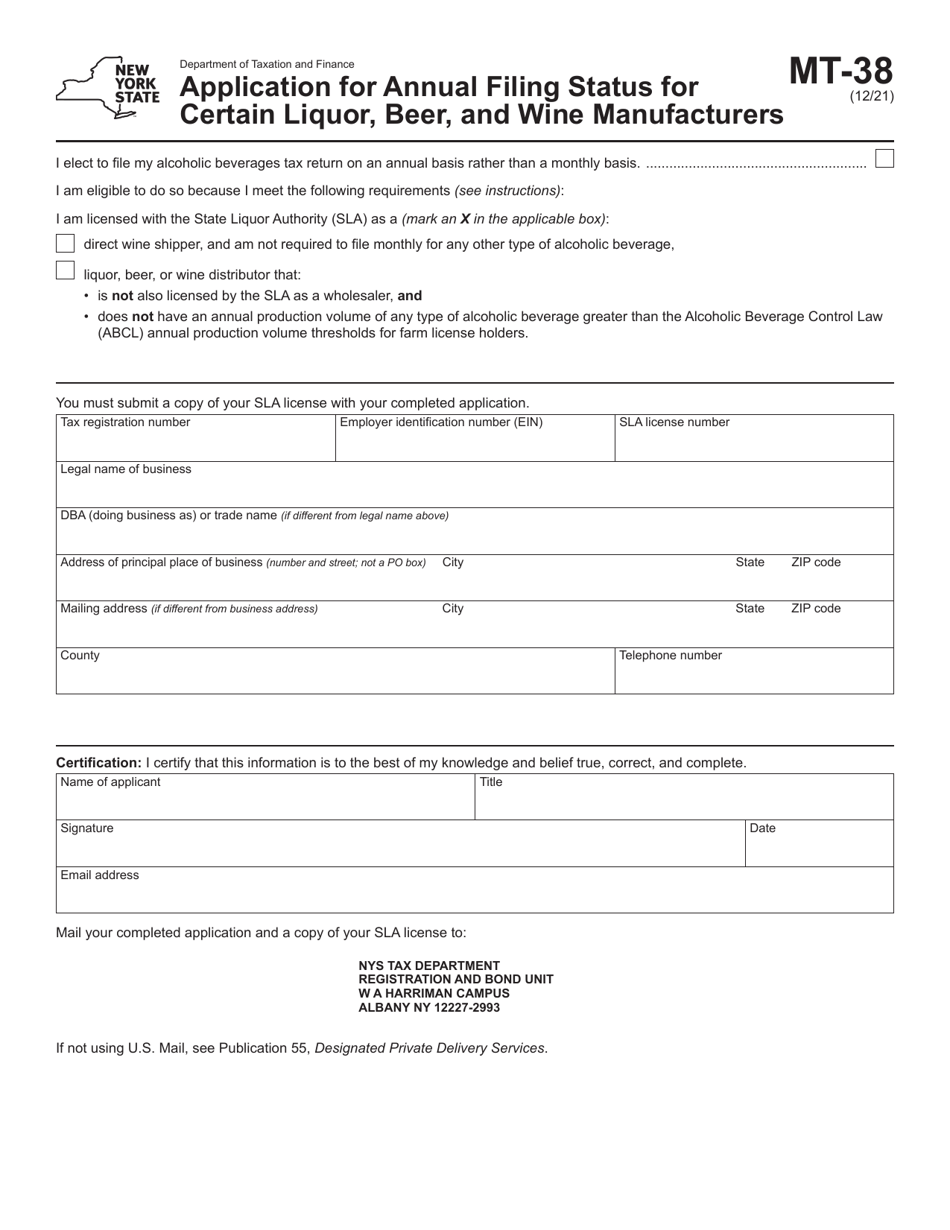 Form MT-38 Application for Annual Filing Status for Certain Liquor, Beer, and Wine Manufacturers - New York, Page 1