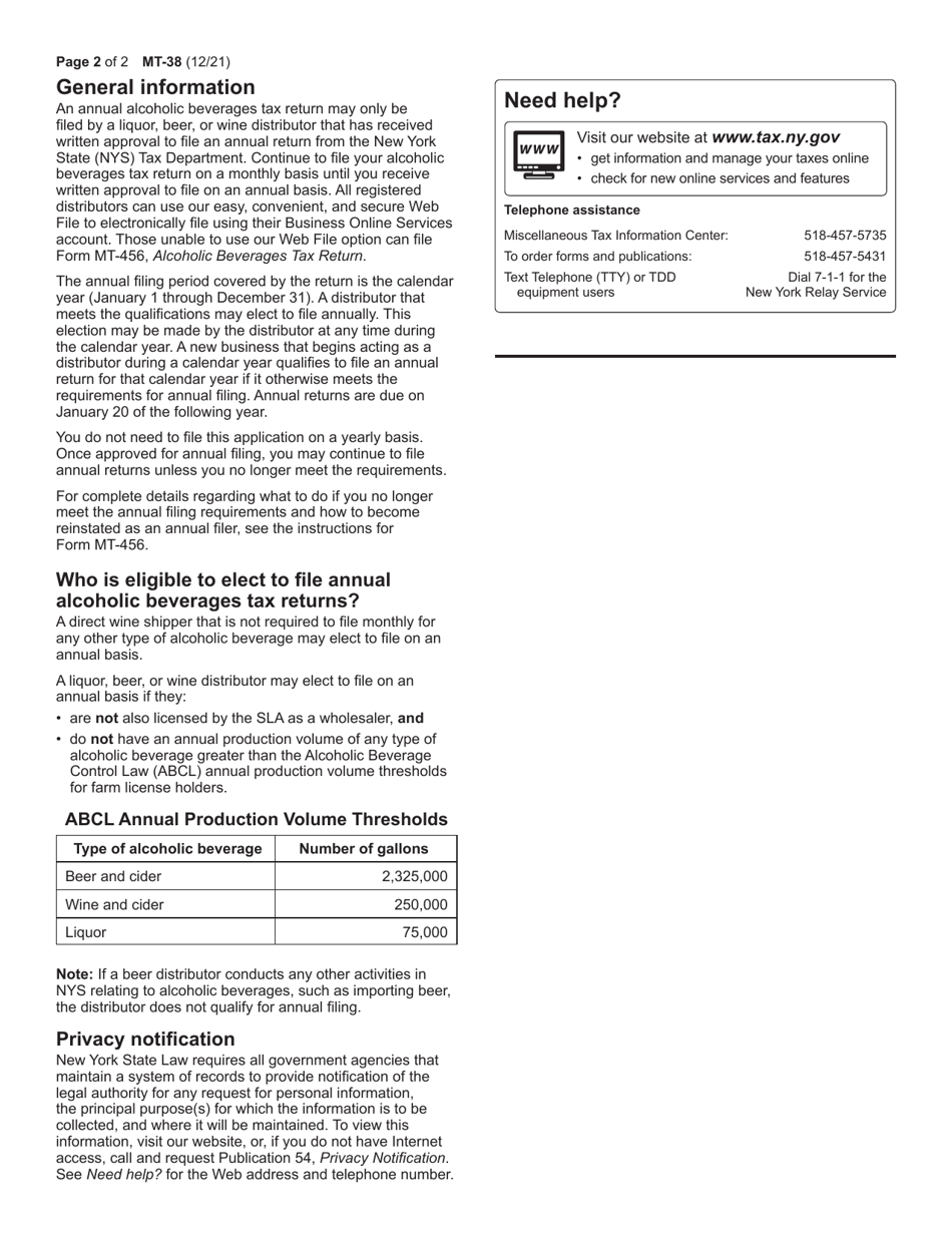 Form MT-38 Application for Annual Filing Status for Certain Liquor, Beer, and Wine Manufacturers - New York, Page 2