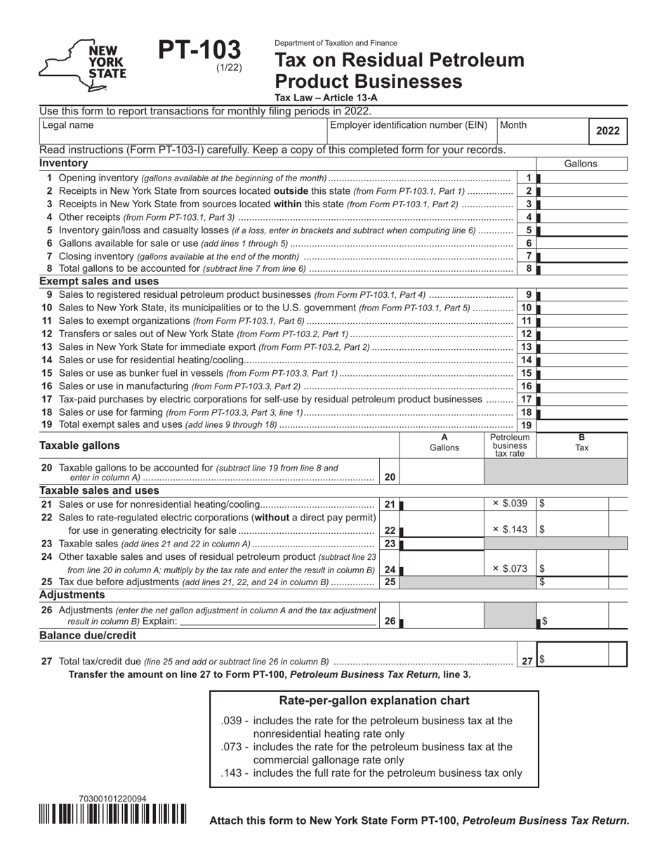 Form PT-103 Tax on Residual Petroleum Product Businesses - New York, Page 1