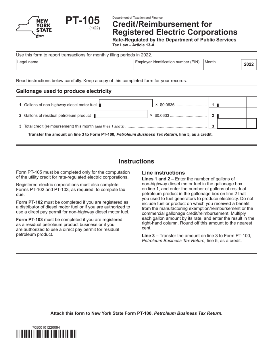 Form PT-105 Credit / Reimbursement for Registered Electric Corporations Rate-Regulated by the Department of Public Services - New York, Page 1