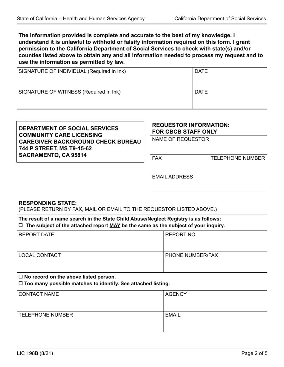 Form LIC198B Out-of-State Child Abuse / Neglect Report Request - California, Page 2