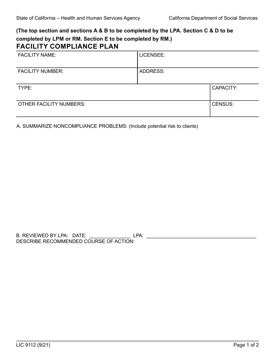 Form Lic9112 Download Fillable Pdf Or Fill Online Facility Compliance 