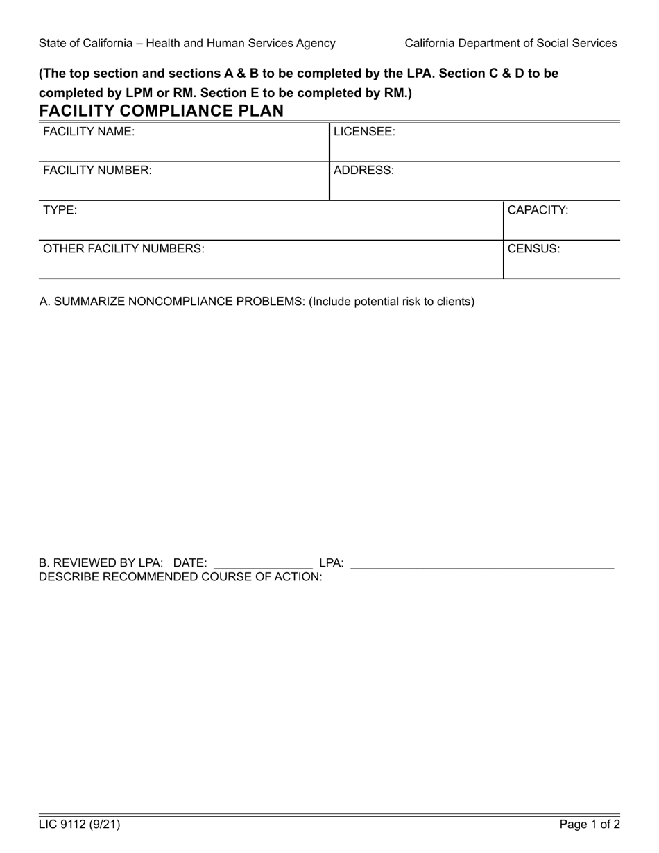 Form LIC9112 Facility Compliance Plan - California, Page 1