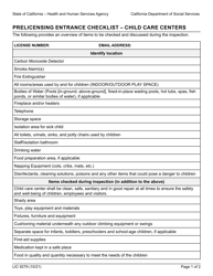 Form LIC9279 Prelicensing Entrance Checklist - Child Care Centers - California
