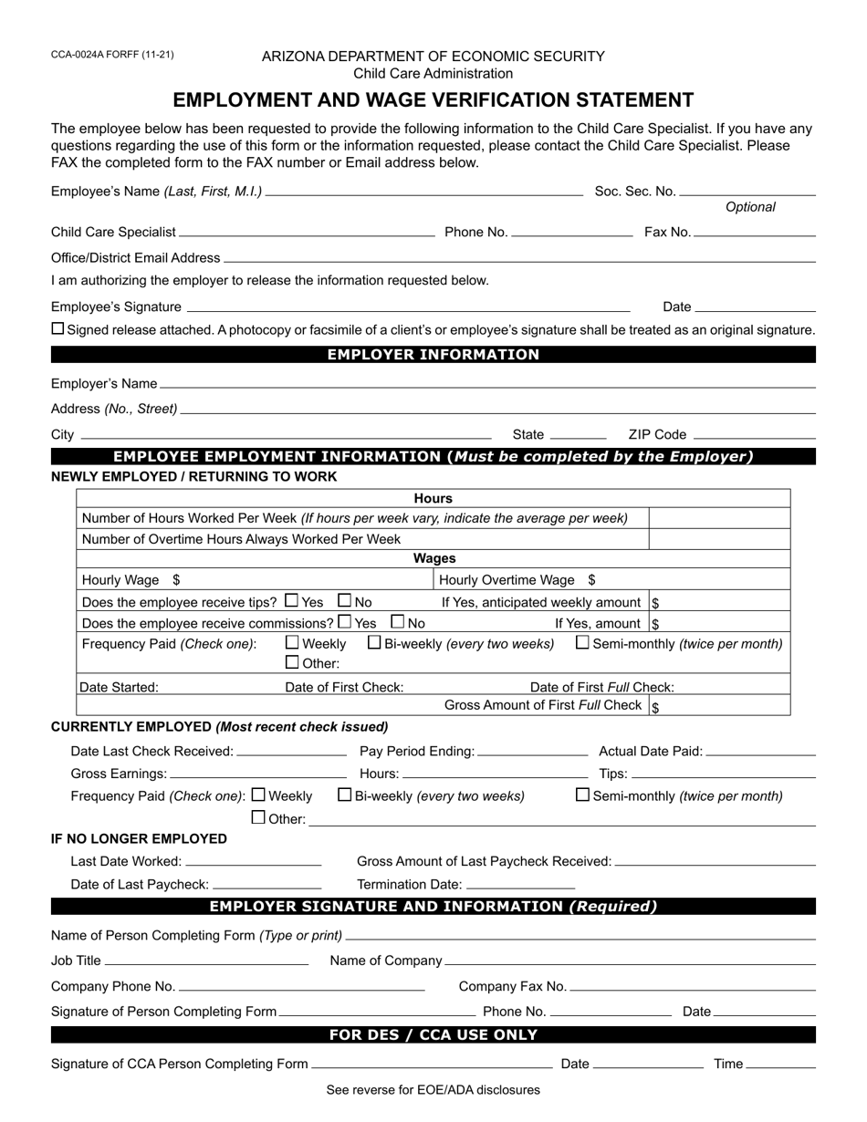 Form CCA-0024A Employment and Wage Verification Statement - Arizona, Page 1