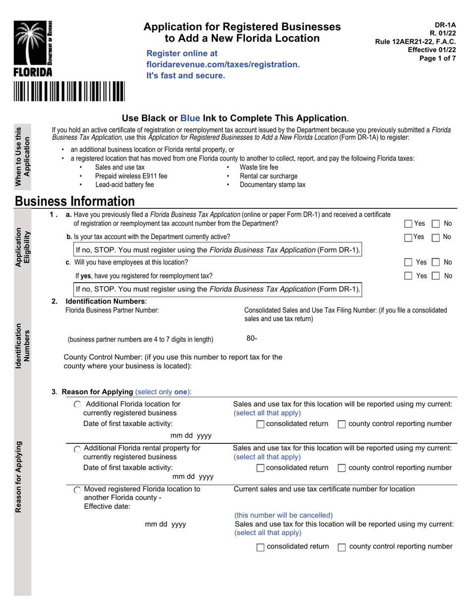 Form DR-1A Application for Registered Businesses to Add a New Florida Location - Florida, Page 1