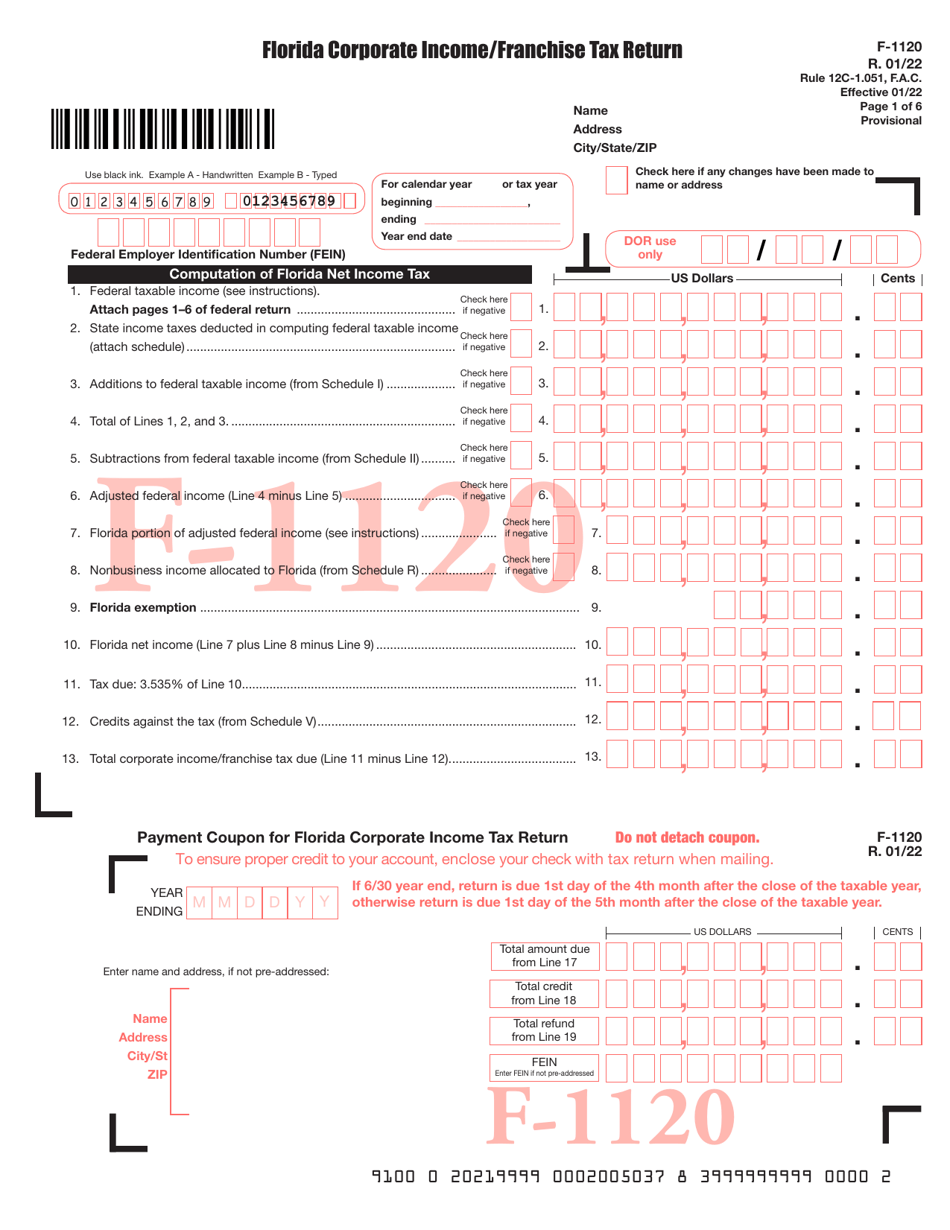 Form F-1120 Florida Corporate Income / Franchise Tax Return - Florida, Page 1
