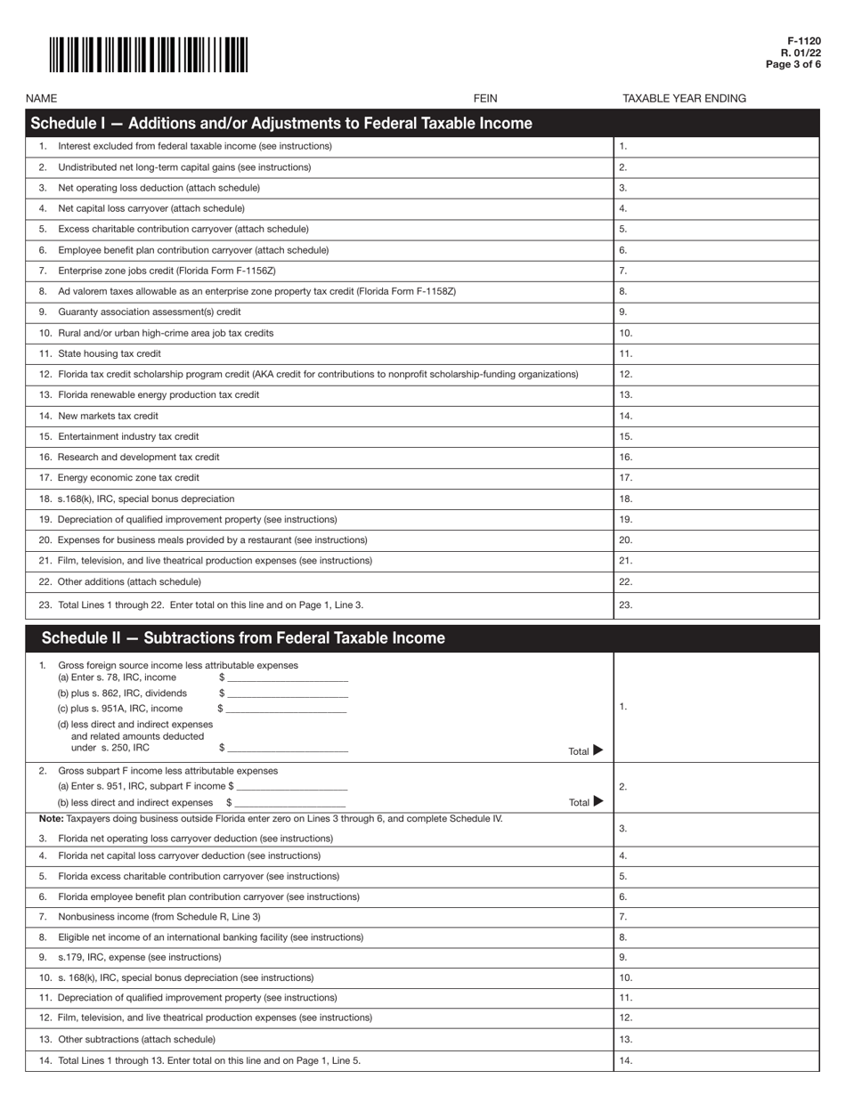 Form F-1120 Florida Corporate Income / Franchise Tax Return - Florida, Page 3