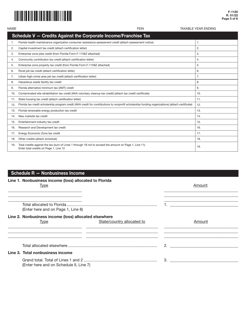 Form F-1120 Florida Corporate Income / Franchise Tax Return - Florida, Page 5