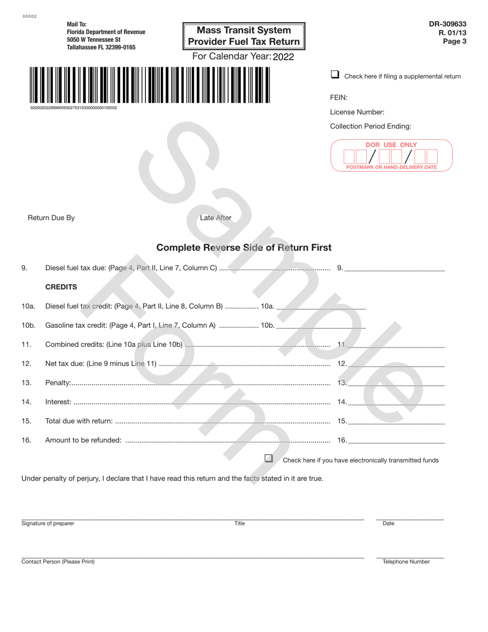 Form DR-309633 Mass Transit System Provider Fuel Tax Return - Sample - Florida, Page 3