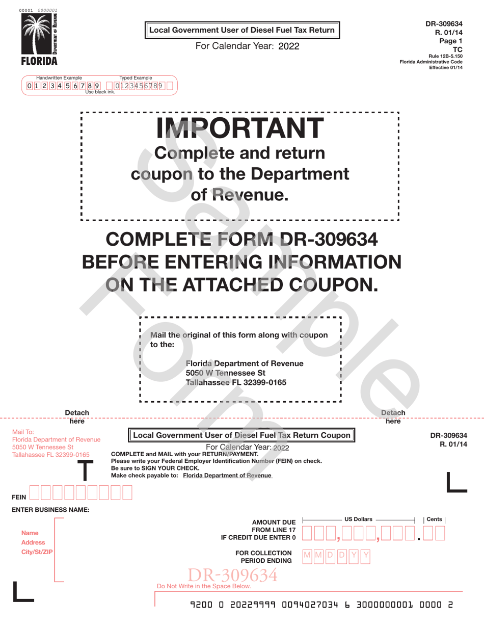 Form DR-309634 Local Government User of Diesel Fuel Tax Return - Sample - Florida, Page 1