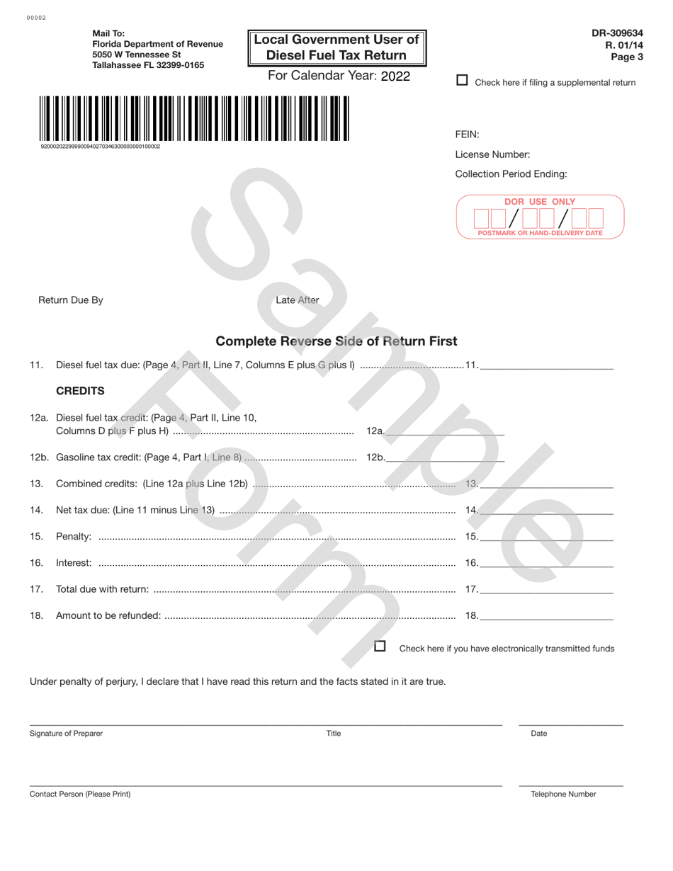 Form DR-309634 Local Government User of Diesel Fuel Tax Return - Sample - Florida, Page 3