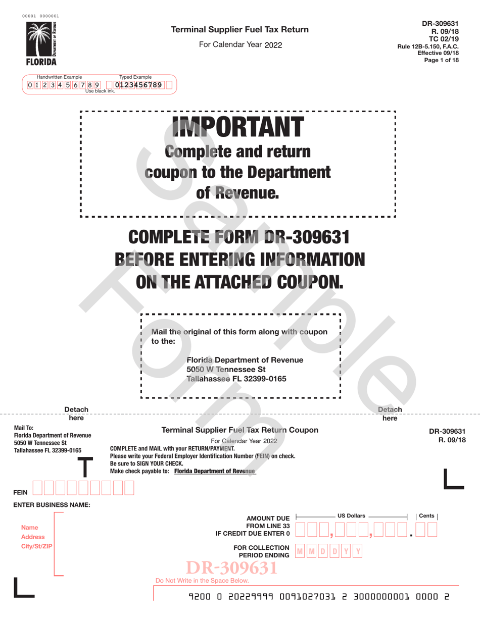 Form DR-309631 Terminal Supplier Fuel Tax Return - Sample - Florida, Page 1