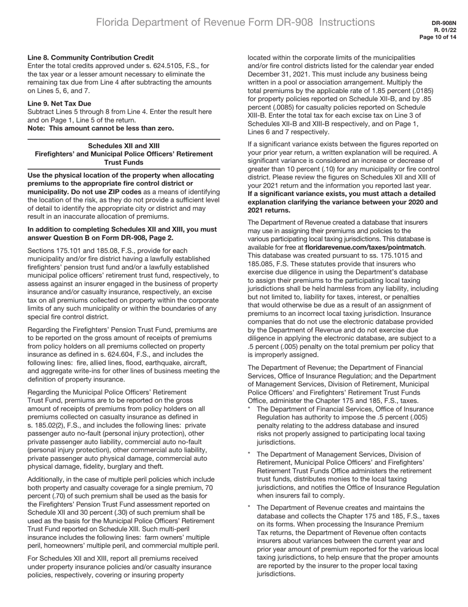 Instructions for Form DR-908 Insurance Premium Taxes and Fees Return - Florida, Page 10