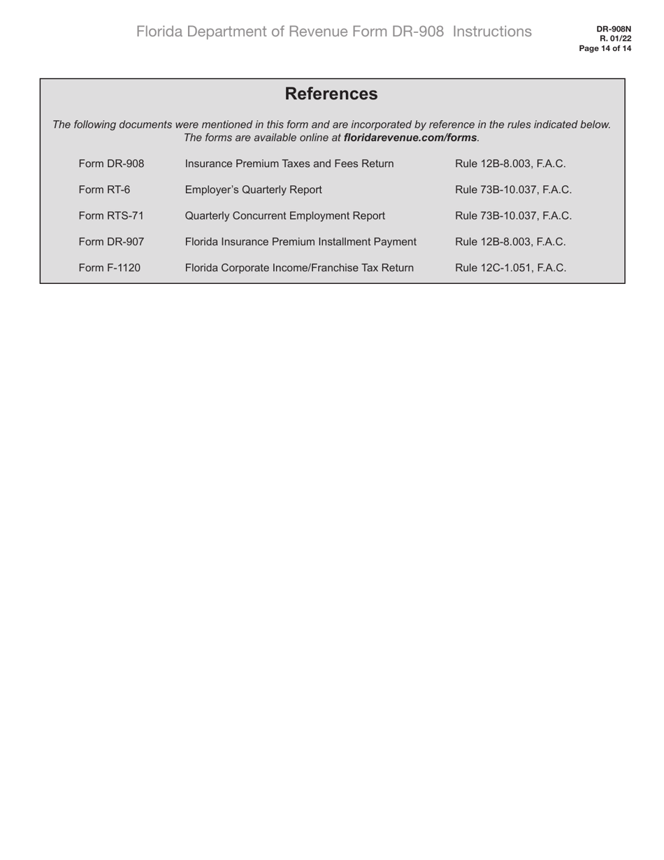 Instructions for Form DR-908 Insurance Premium Taxes and Fees Return - Florida, Page 14