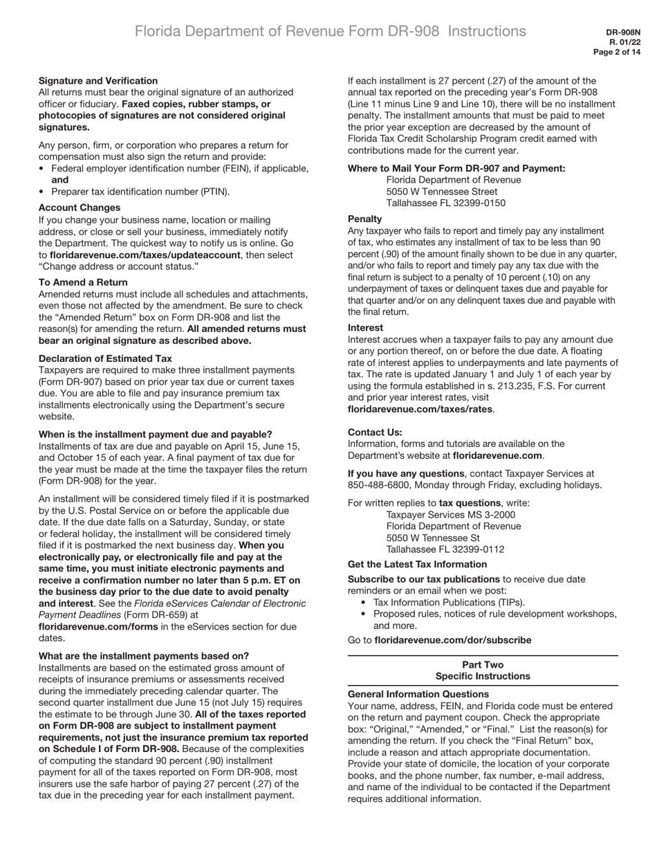 Instructions for Form DR-908 Insurance Premium Taxes and Fees Return - Florida, Page 2