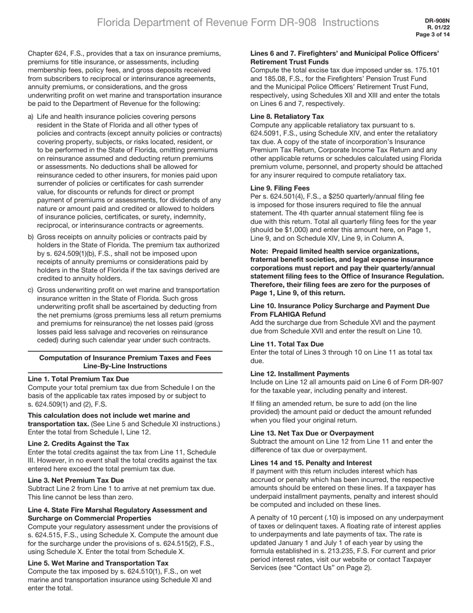 Instructions for Form DR-908 Insurance Premium Taxes and Fees Return - Florida, Page 3