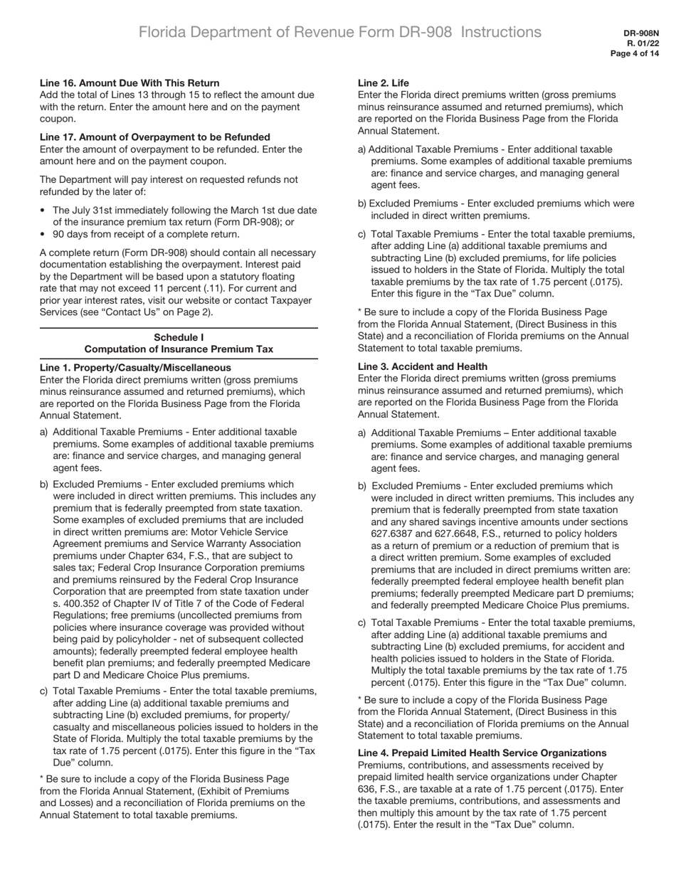 Instructions for Form DR-908 Insurance Premium Taxes and Fees Return - Florida, Page 4