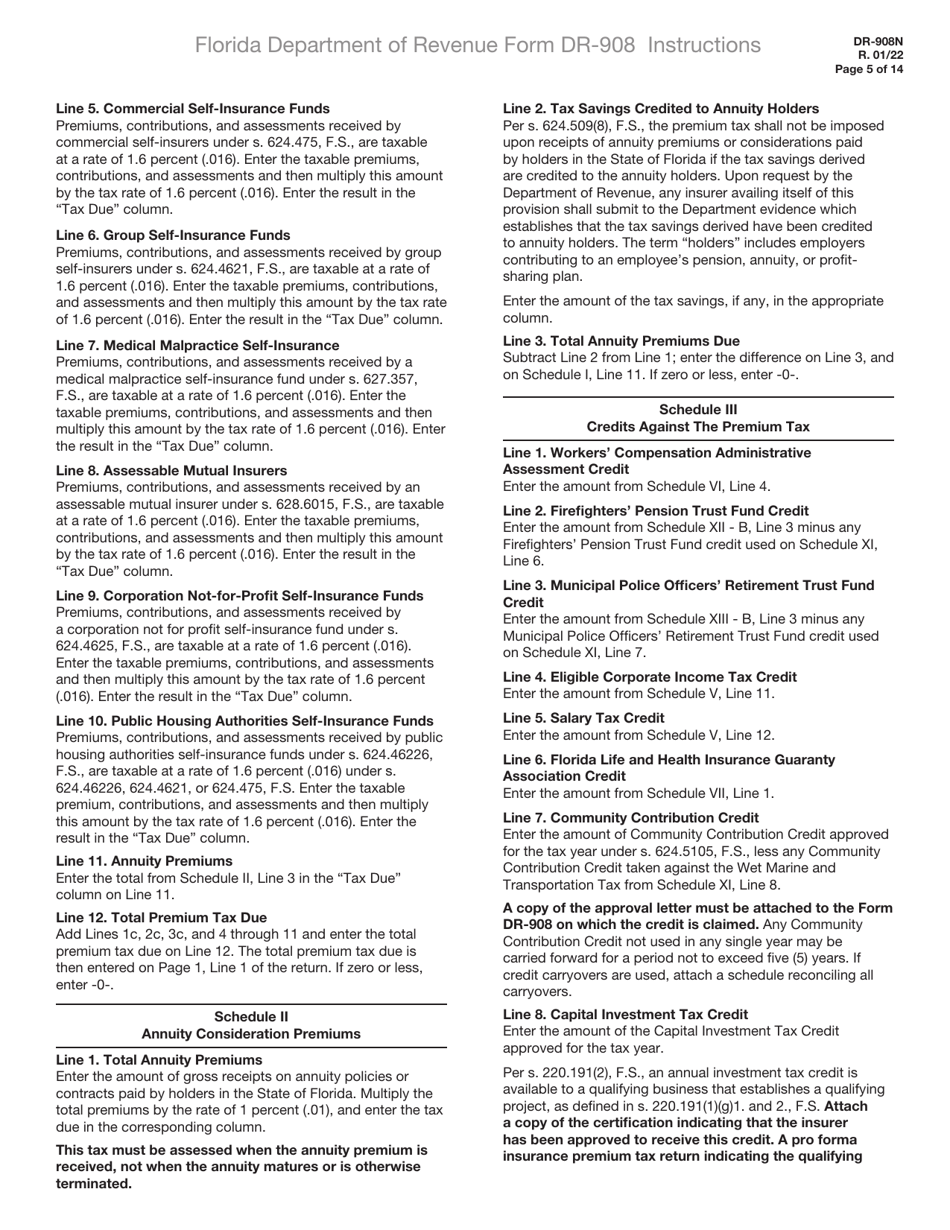 Instructions for Form DR-908 Insurance Premium Taxes and Fees Return - Florida, Page 5