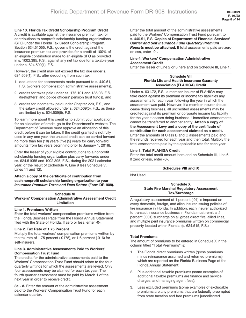Instructions for Form DR-908 Insurance Premium Taxes and Fees Return - Florida, Page 8