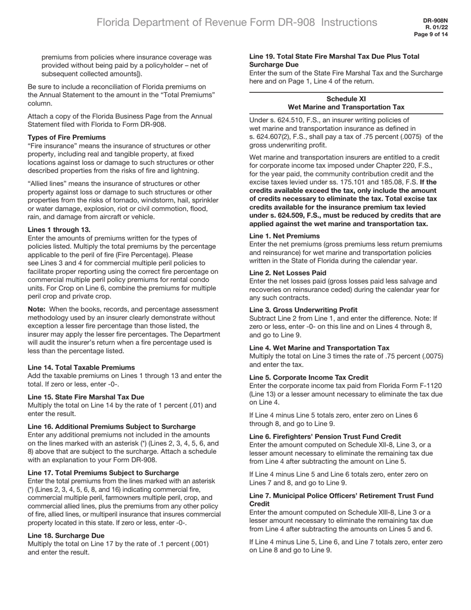 Instructions for Form DR-908 Insurance Premium Taxes and Fees Return - Florida, Page 9
