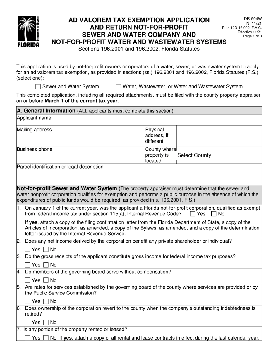 Form DR-504W Ad Valorem Tax Exemption Application and Return Not-For-Profit Sewer and Water Company and Not-For-Profit Water and Wastewater Systems - Florida, Page 1