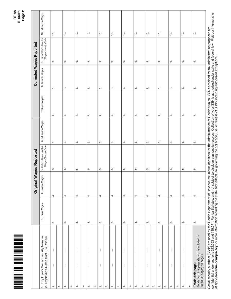 Form RT-8A Correction to Employers Quarterly or Annual Domestic Report - Florida, Page 2