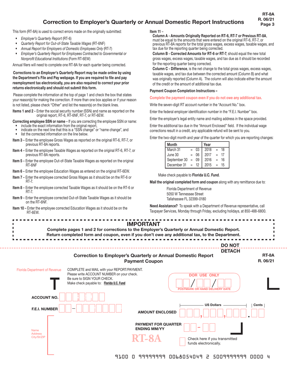 Form RT-8A Correction to Employers Quarterly or Annual Domestic Report - Florida, Page 3