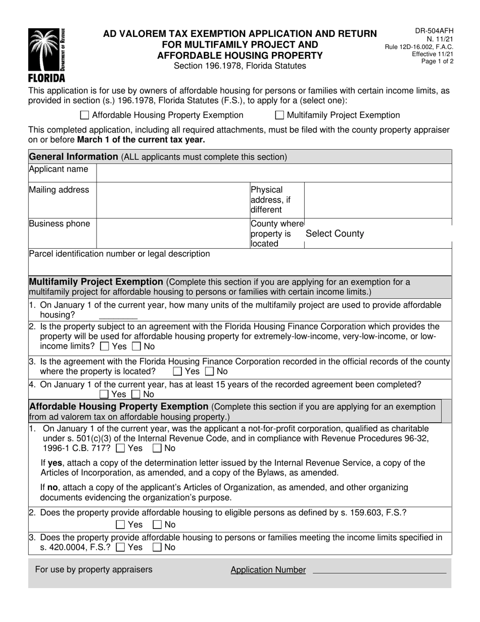 Form DR-504AFH Ad Valorem Tax Exemption Application and Return for Multifamily Project and Affordable Housing Property - Florida, Page 1