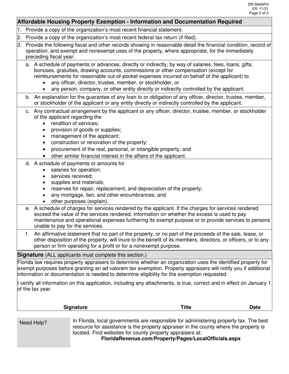 Form DR-504AFH Ad Valorem Tax Exemption Application and Return for Multifamily Project and Affordable Housing Property - Florida, Page 2