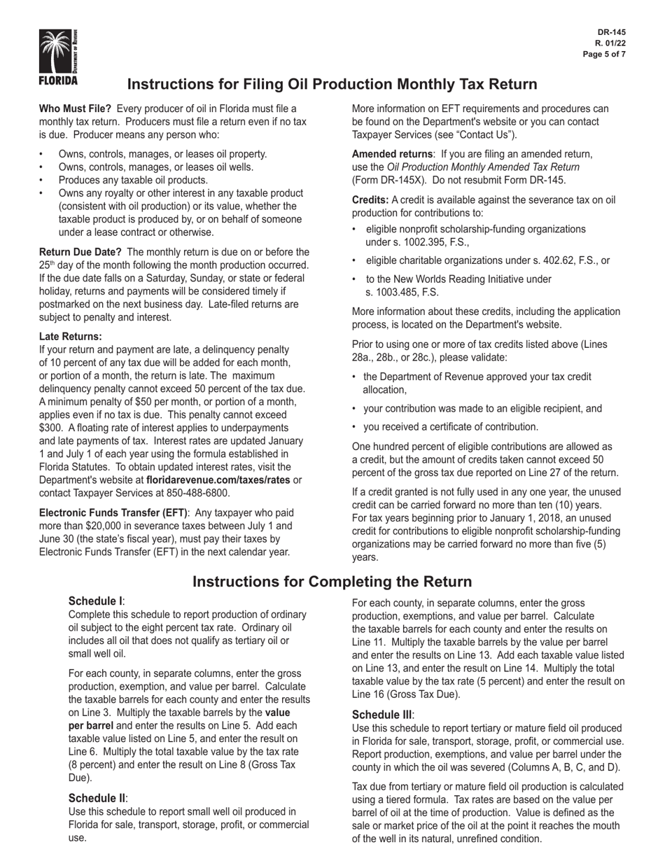 Form DR-145 Oil Production Monthly Tax Return - Florida, Page 5