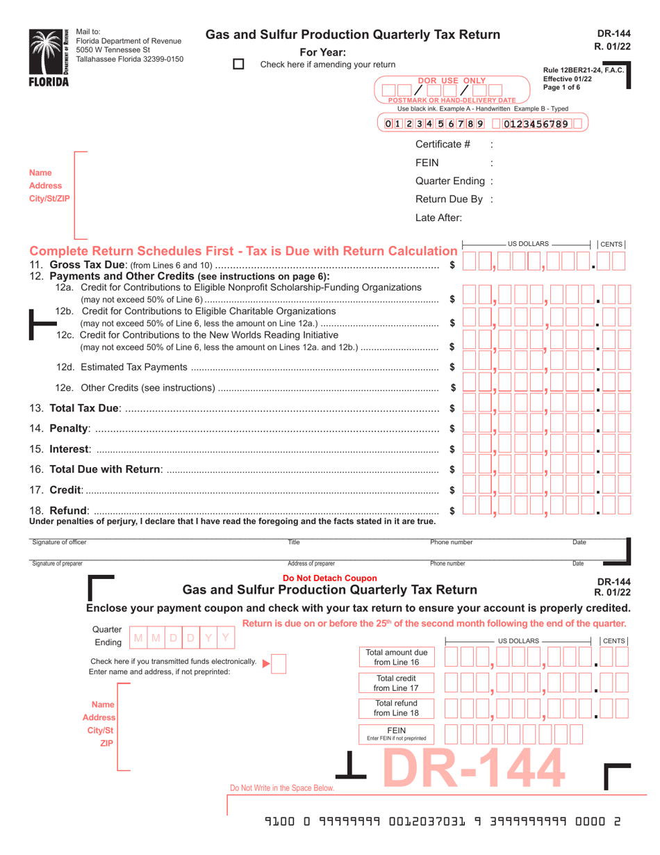 Form DR-144 Gas and Sulfur Production Quarterly Tax Return - Florida, Page 1