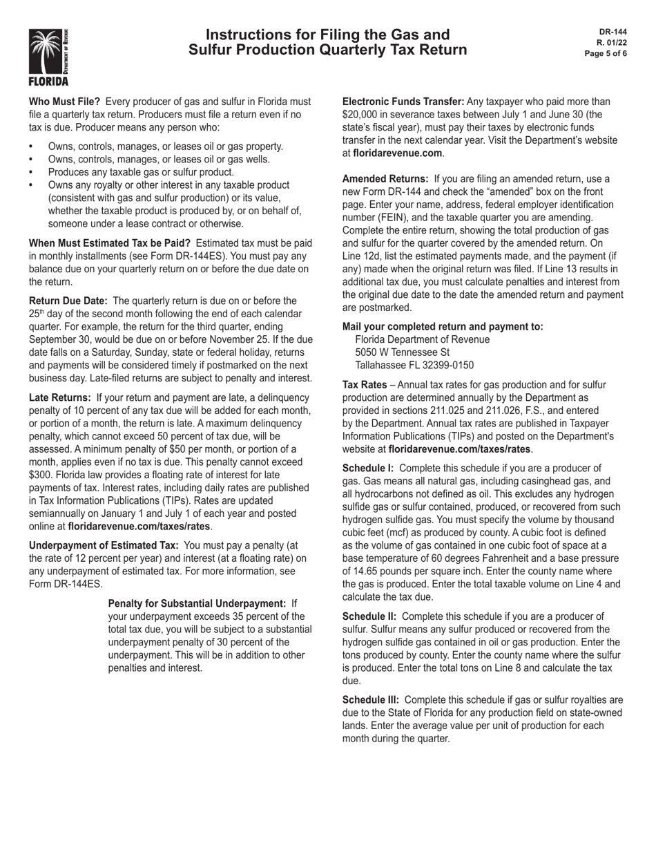 Form DR-144 Gas and Sulfur Production Quarterly Tax Return - Florida, Page 5