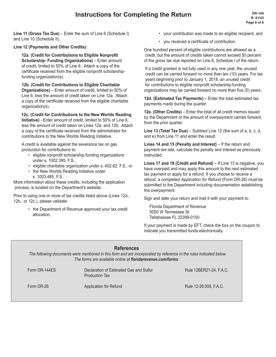 Form DR-144 Gas and Sulfur Production Quarterly Tax Return - Florida, Page 6