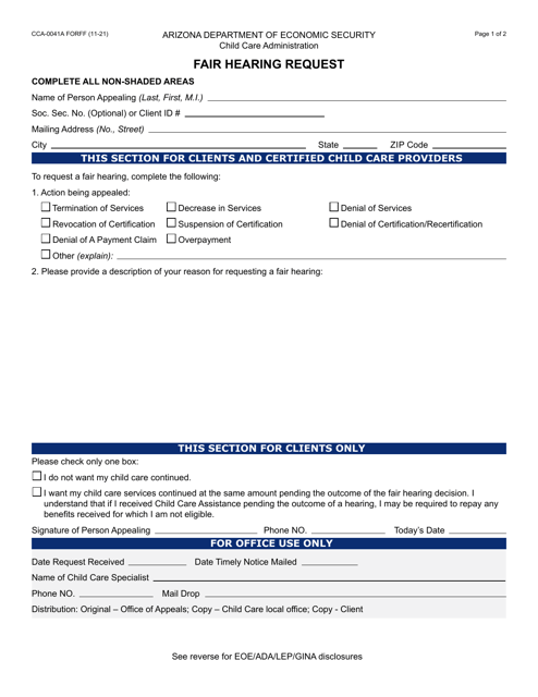 Form CCA-0041A Fair Hearing Request - Arizona