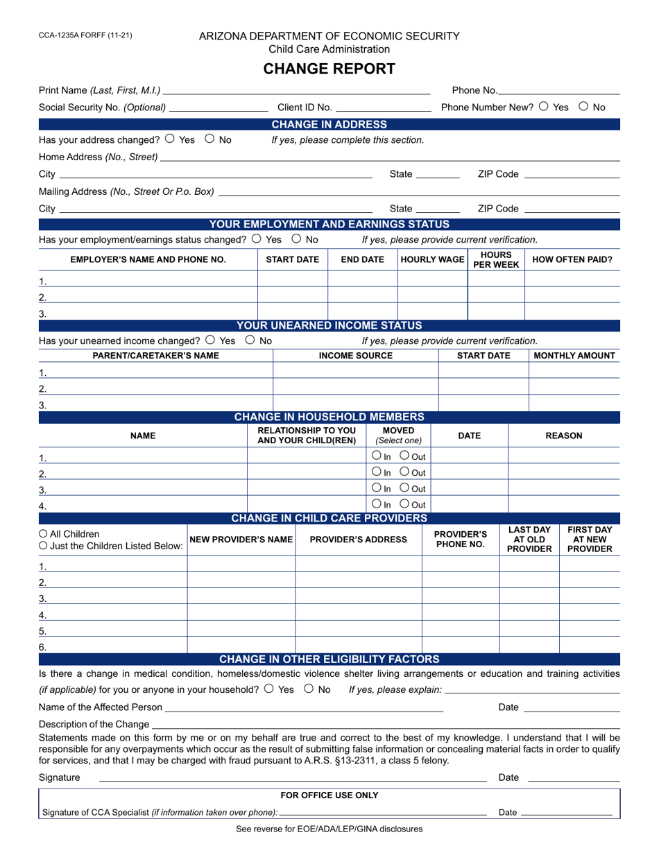 Form CCA-1235A Change Report - Arizona, Page 1