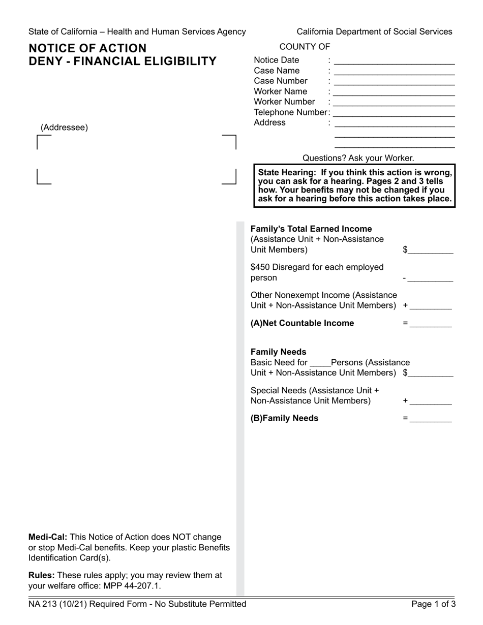 Form NA213 Notice of Action - Deny - Financial Eligibility - California, Page 1