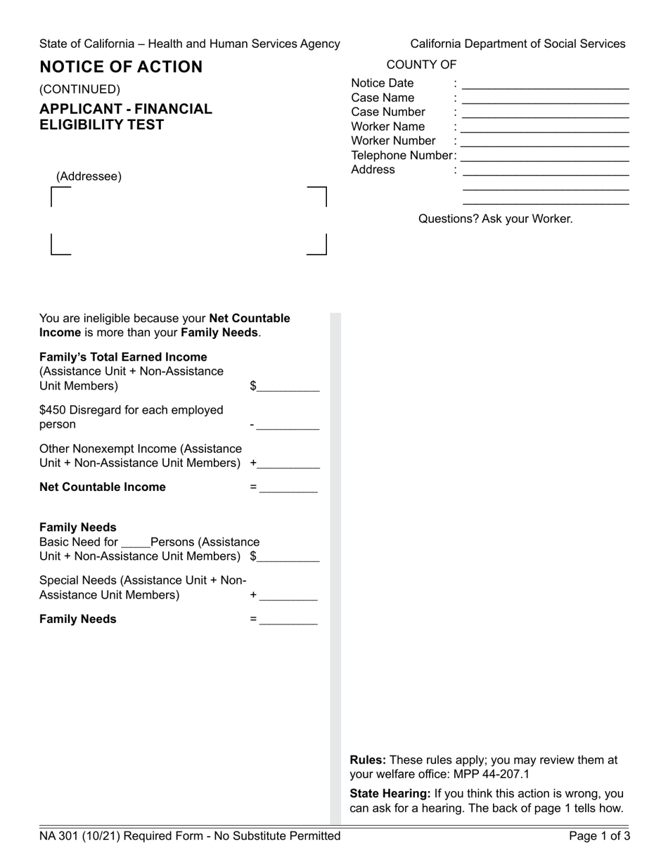 Form NA301 Continuation Page - Applicant Financial Eligibility Test - California, Page 1